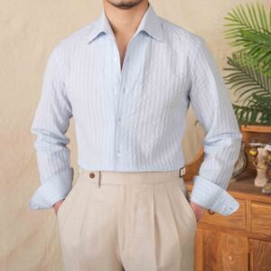 Cotton Seersucker Thin Long-sleeved Shirt One Collar Casual Shirt