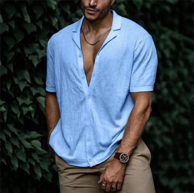 Casual Loose Cardigan Short Sleeve Solid Color T-shirt Men - Image 3