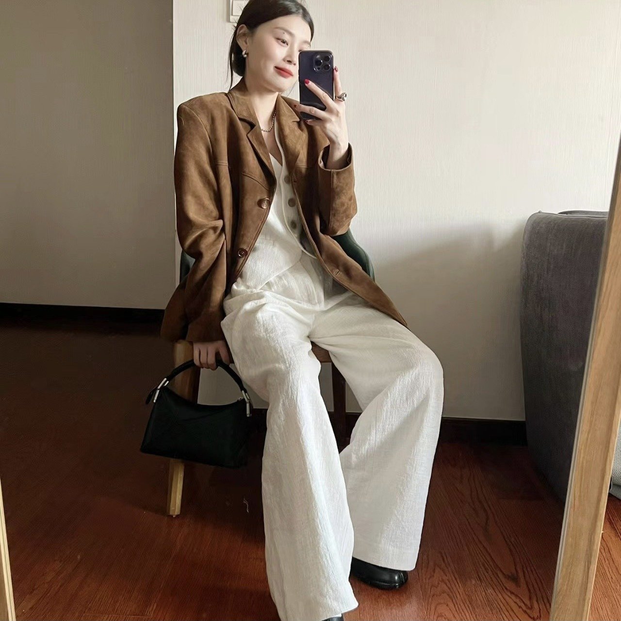 Retro Brown Leather Suit Jacket For Women - Image 6