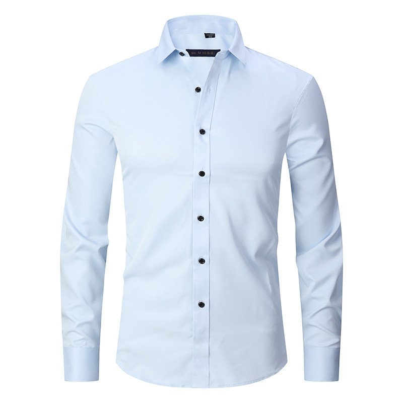 Men's Long-sleeved Fashion Shirt Top Slim Solid Color Stretch Shirt - Image 9