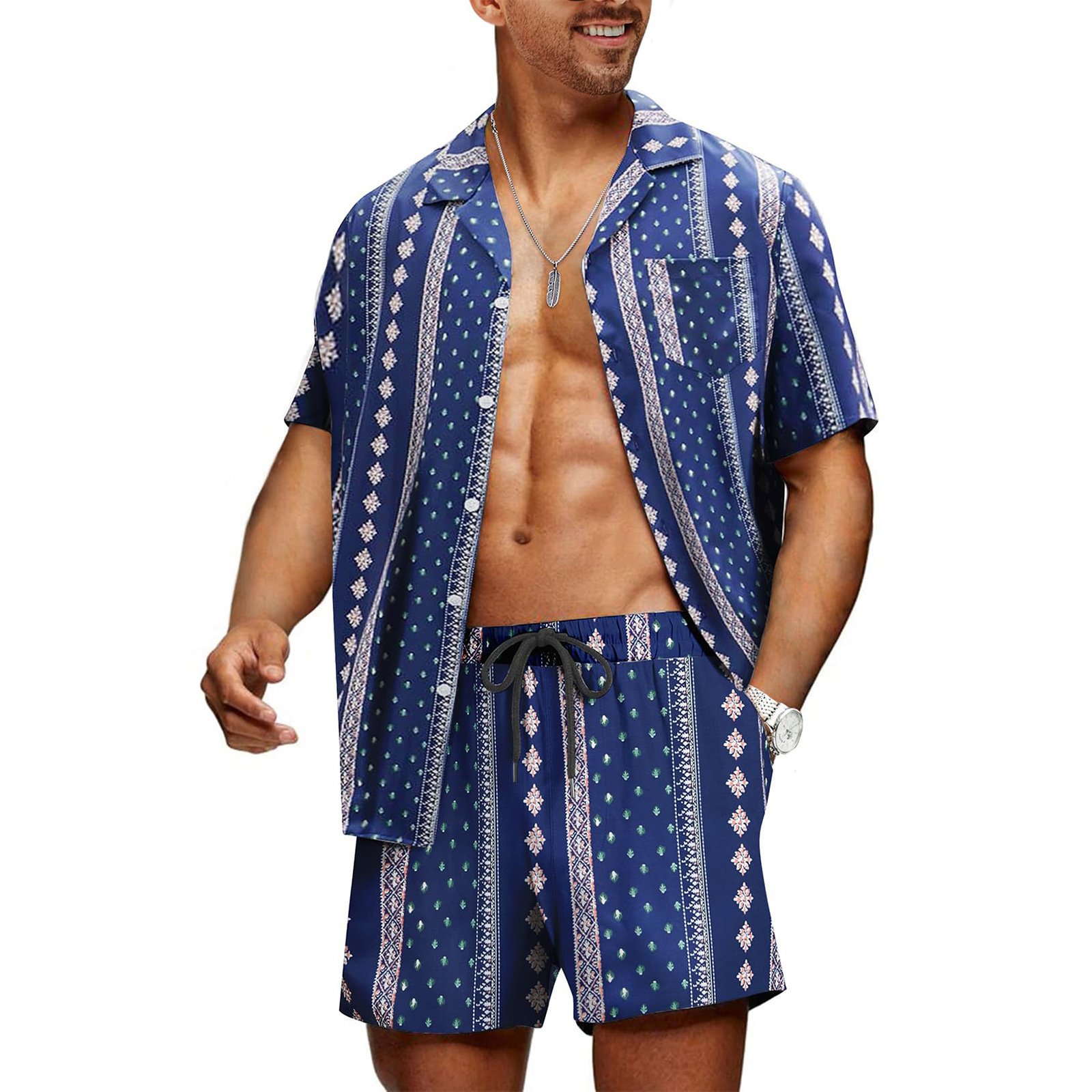 Cuban Collar Striped Short Sleeve Shirt Outfit - Image 7