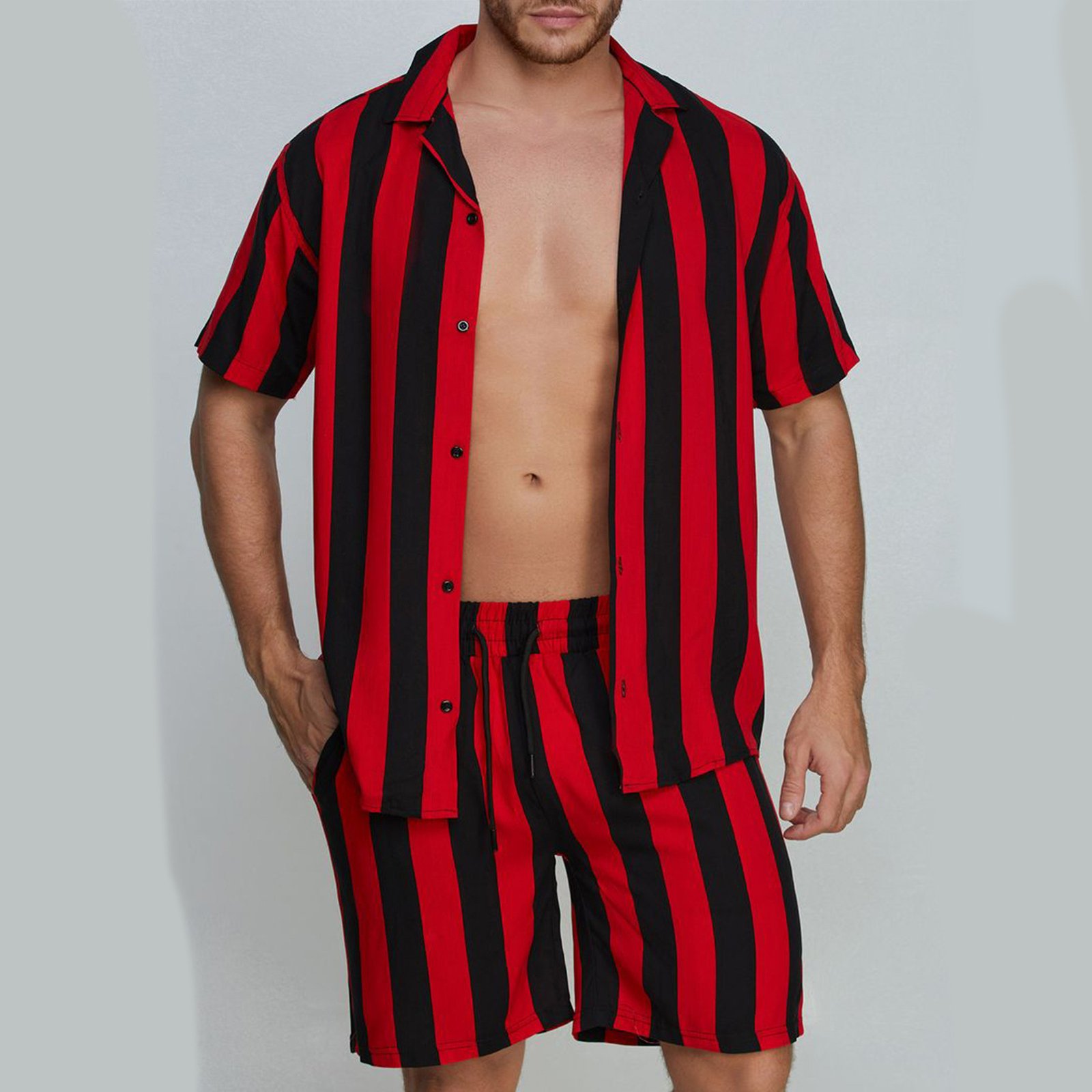 Cuban Collar Striped Short Sleeve Shirt Outfit - Image 4