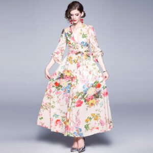 Ladies V-neck long sleeve cotton and linen dress