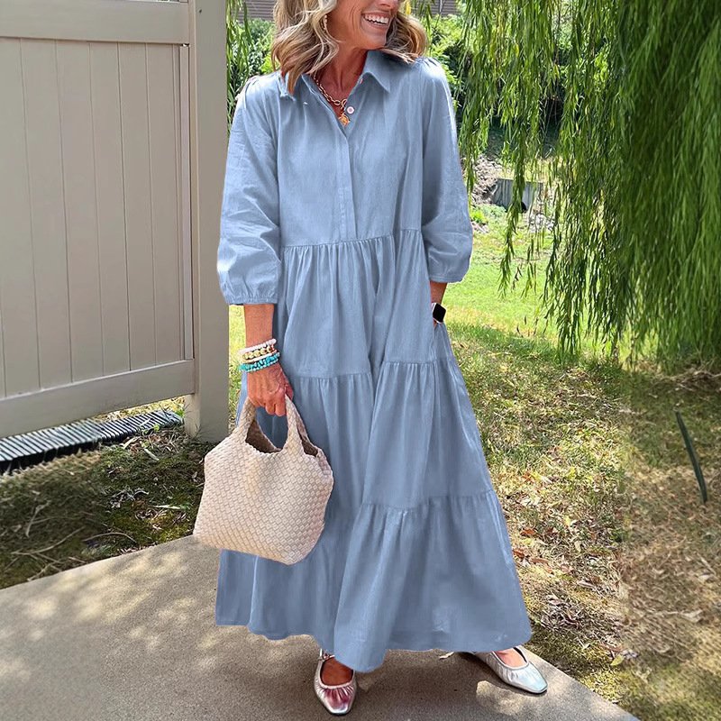Casual Loose Lapels Mid-sleeve Large Swing Dress - Image 2