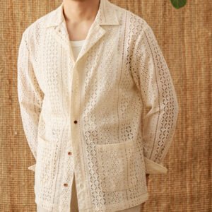 Cotton Hollow Cuban Collar Long Sleeve Shirt