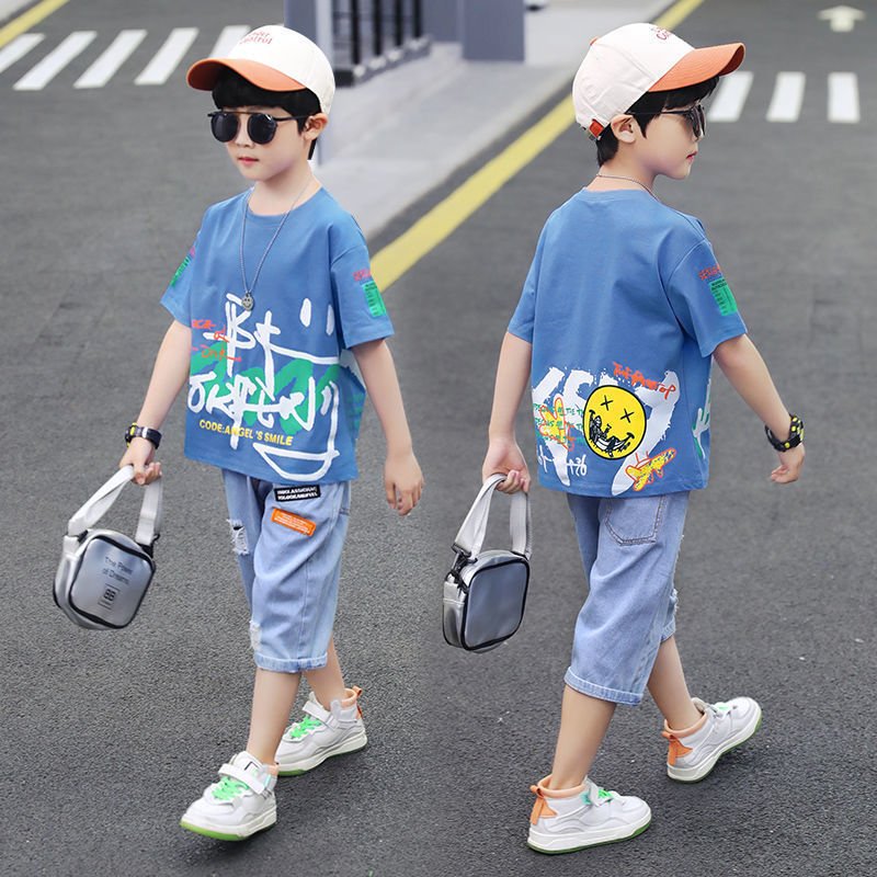 Short-sleeved T-shirt Boy Western Style Two-piece Suit, Big Boy Trend - Image 2