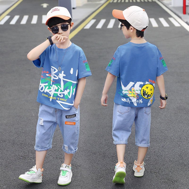Short-sleeved T-shirt Boy Western Style Two-piece Suit, Big Boy Trend - Image 3
