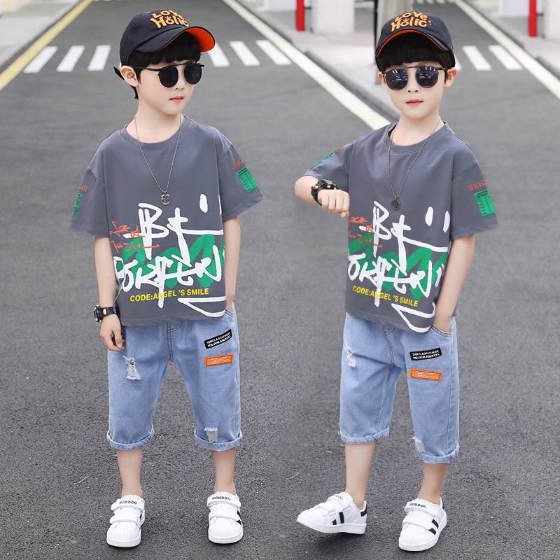 Short-sleeved T-shirt Boy Western Style Two-piece Suit, Big Boy Trend - Image 4