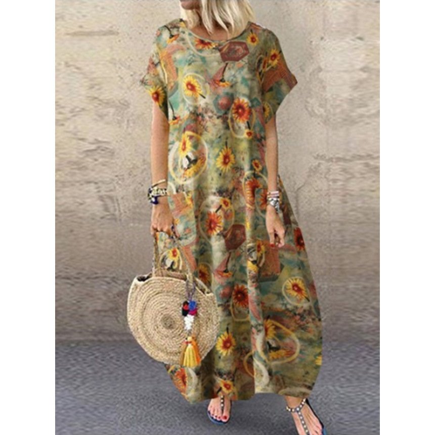 Summer Round Neck Cotton And Linen Short Sleeve Printed Long Dress Women - Image 9