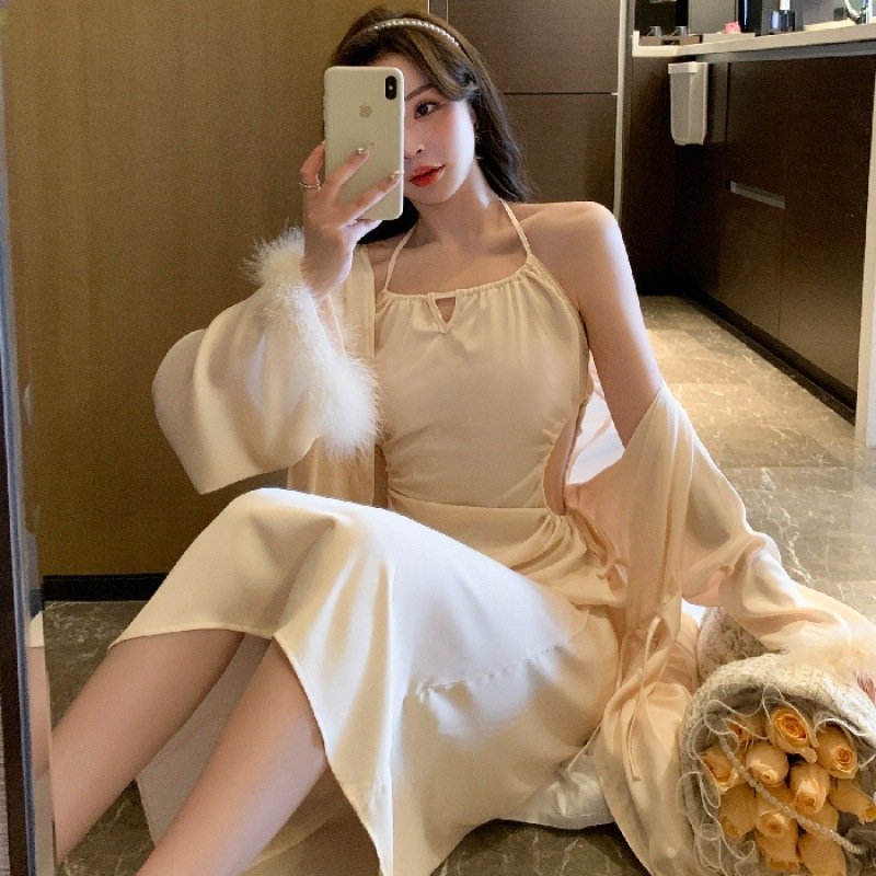 Pajamas Ladies Silk Stretch Satin Waistless Halter Dress - Image 3