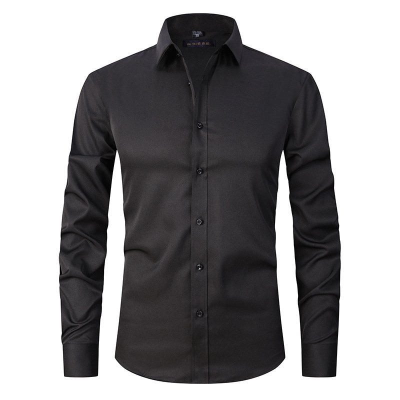 Men's Long-sleeved Fashion Shirt Top Slim Solid Color Stretch Shirt - Image 3