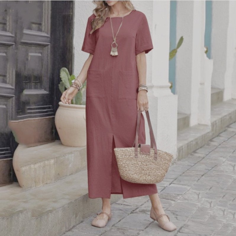 Cotton And Linen Solid Color Loose Round Neck Short Sleeve Dress Women - Image 9
