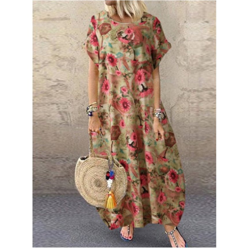 Summer Round Neck Cotton And Linen Short Sleeve Printed Long Dress Women - Image 4