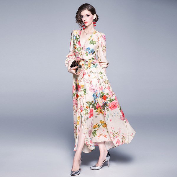 Ladies V-neck long sleeve cotton and linen dress - Image 2