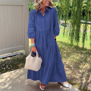 Casual Loose Lapels Mid-sleeve Large Swing Dress
