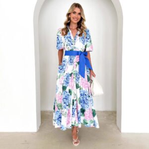 Printed Bohemian Short Sleeve Belt A- Line Dress