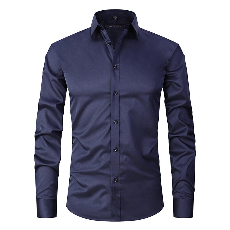 Men's Long-sleeved Fashion Shirt Top Slim Solid Color Stretch Shirt - Image 2