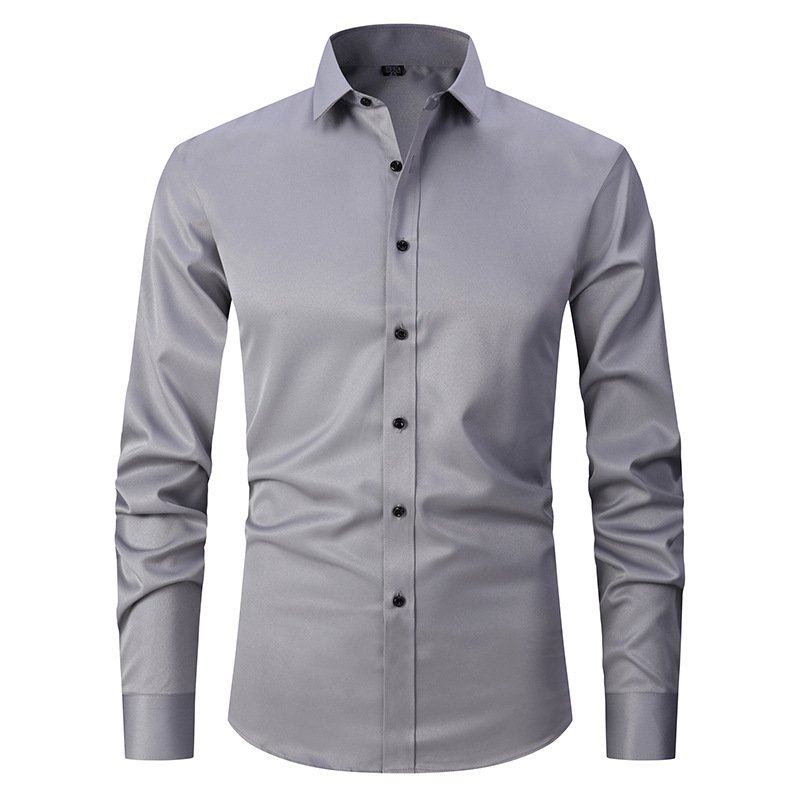Men's Long-sleeved Fashion Shirt Top Slim Solid Color Stretch Shirt - Image 6