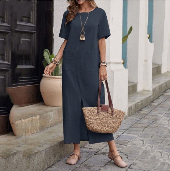 Cotton And Linen Solid Color Loose Round Neck Short Sleeve Dress Women - Image 5