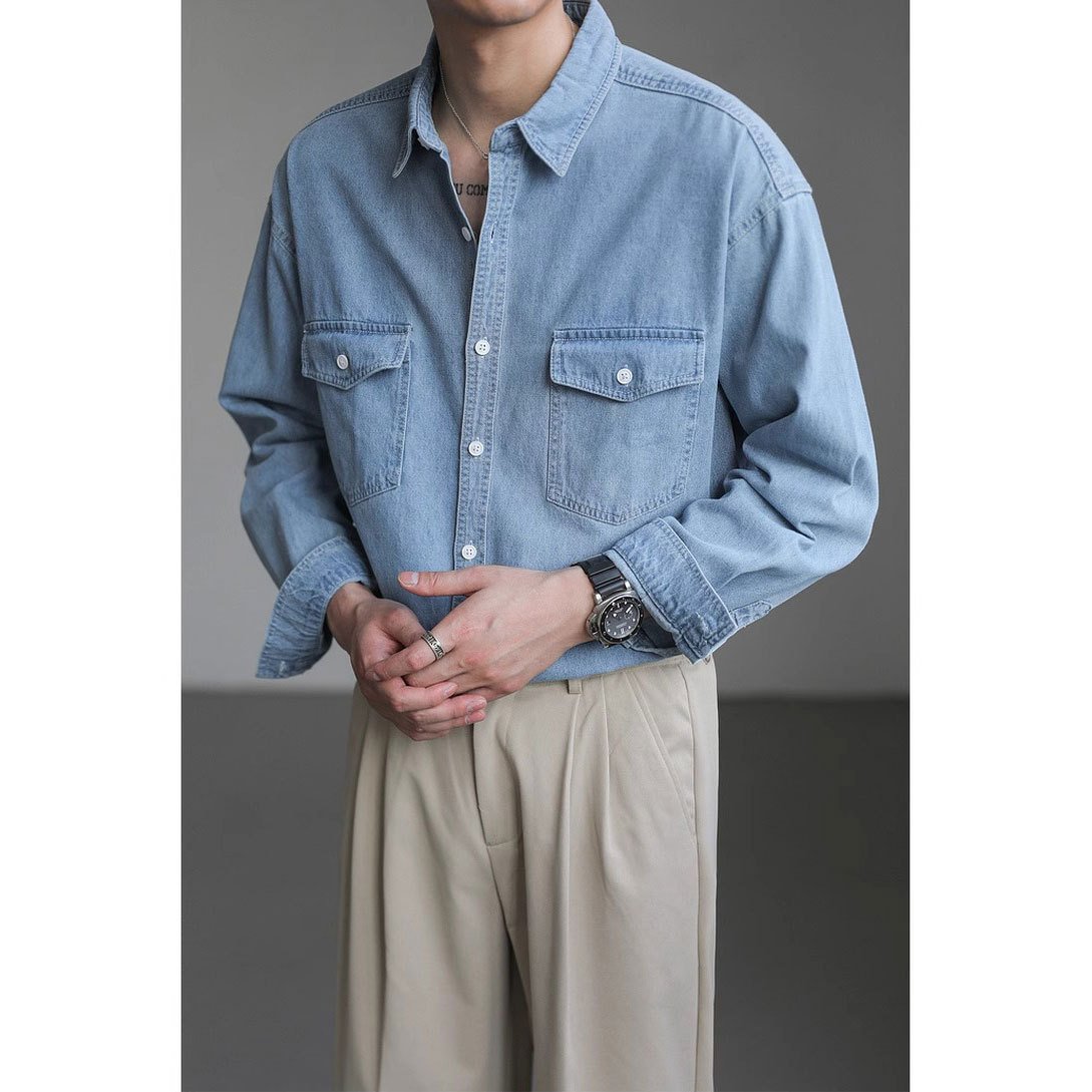 Minority Simple Long Sleeve Denim Shirt Men's Loose - Image 4