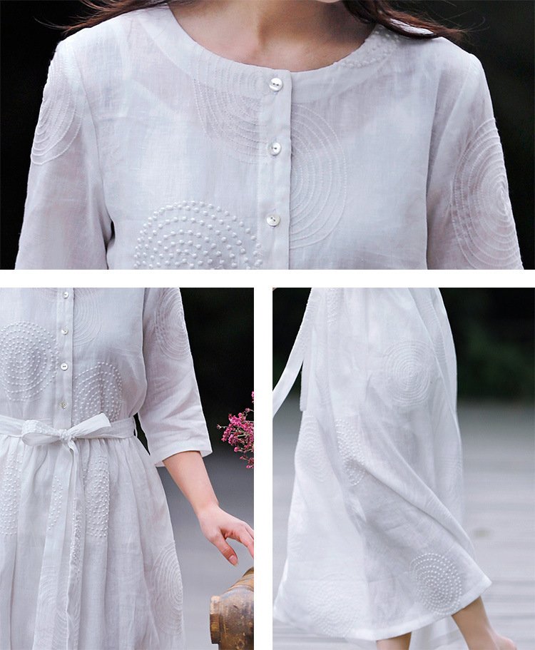 Spring And Summer Literary Leisure Round Neck Linen Embroidered Dress Women - Image 2