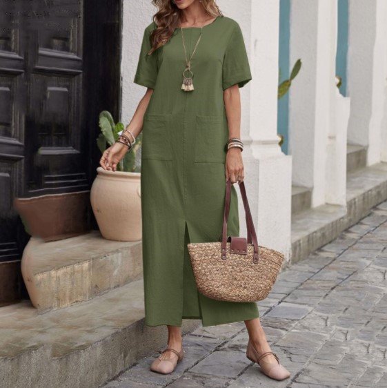 Cotton And Linen Solid Color Loose Round Neck Short Sleeve Dress Women - Image 7