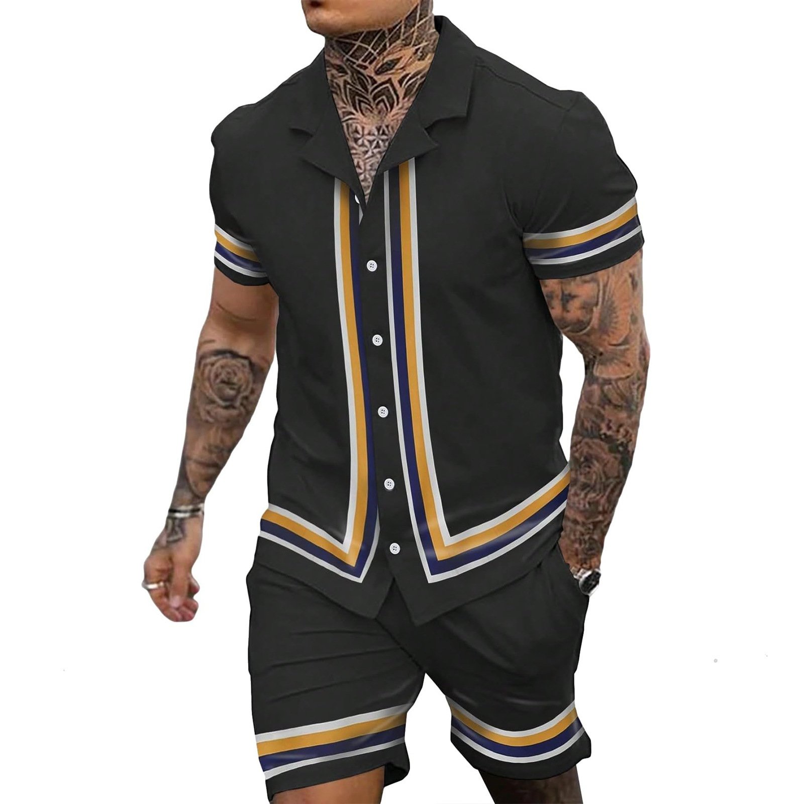 Cuban Collar Striped Short Sleeve Shirt Outfit - Image 5