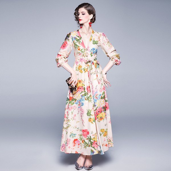 Ladies V-neck long sleeve cotton and linen dress - Image 5