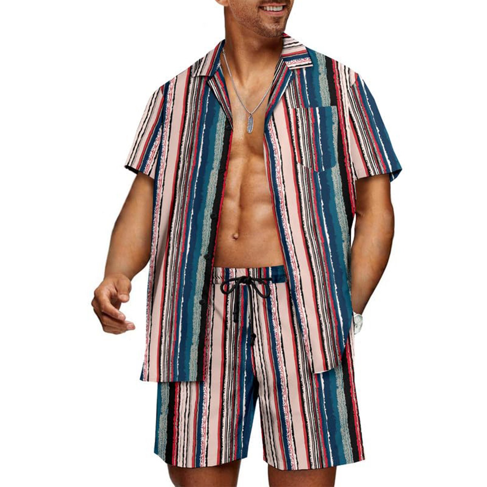 Cuban Collar Striped Short Sleeve Shirt Outfit - Image 6