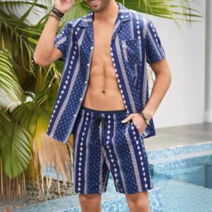 Cuban Collar Striped Short Sleeve Shirt Outfit