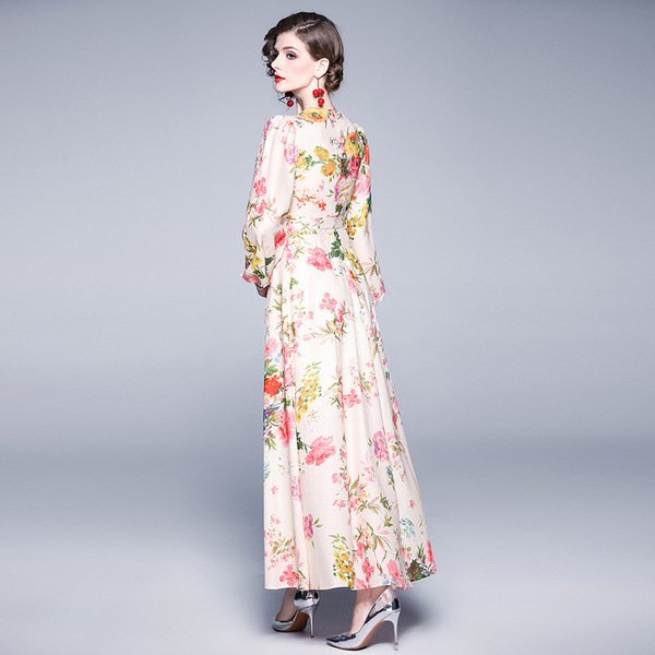 Ladies V-neck long sleeve cotton and linen dress - Image 3