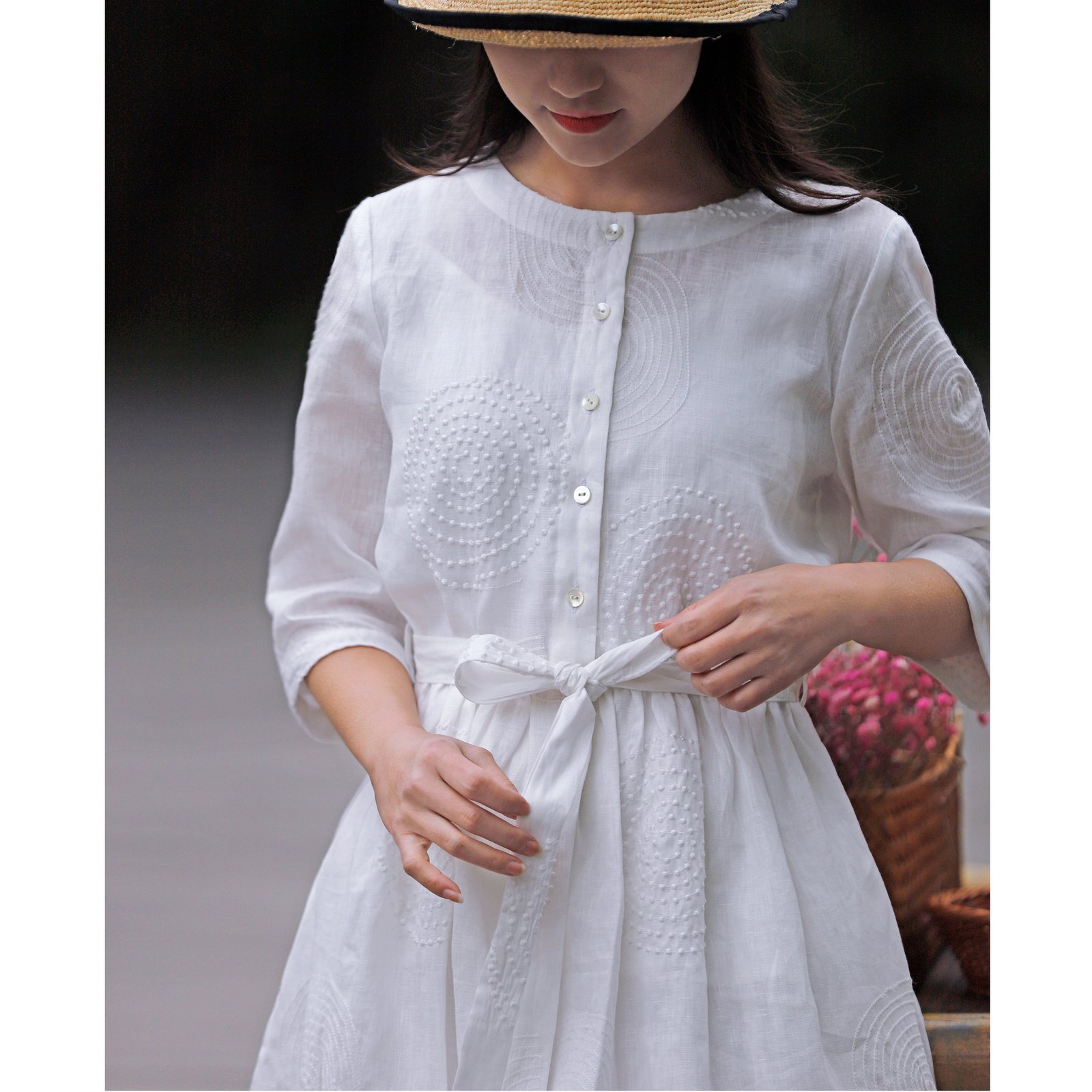 Spring And Summer Literary Leisure Round Neck Linen Embroidered Dress Women - Image 3