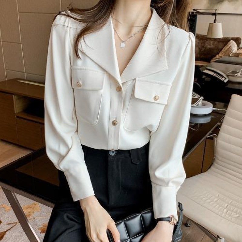 Shirt Female Design Sense Niche Spring New French V-neck Chiffon Shirt Temperament Professional Top - Image 2