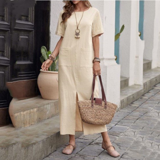 Cotton And Linen Solid Color Loose Round Neck Short Sleeve Dress Women - Image 2