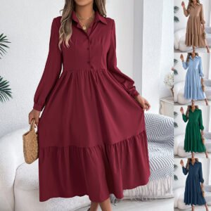 Women's Lapel Casual Loose Long Sleeve Ruffled Shirt Dresses Long Sleeved Turn-down Collar Single-Breasted Dress Spring Autumn Fashion Women's Clothing For Vacation