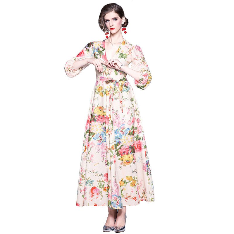 Ladies V-neck long sleeve cotton and linen dress - Image 4