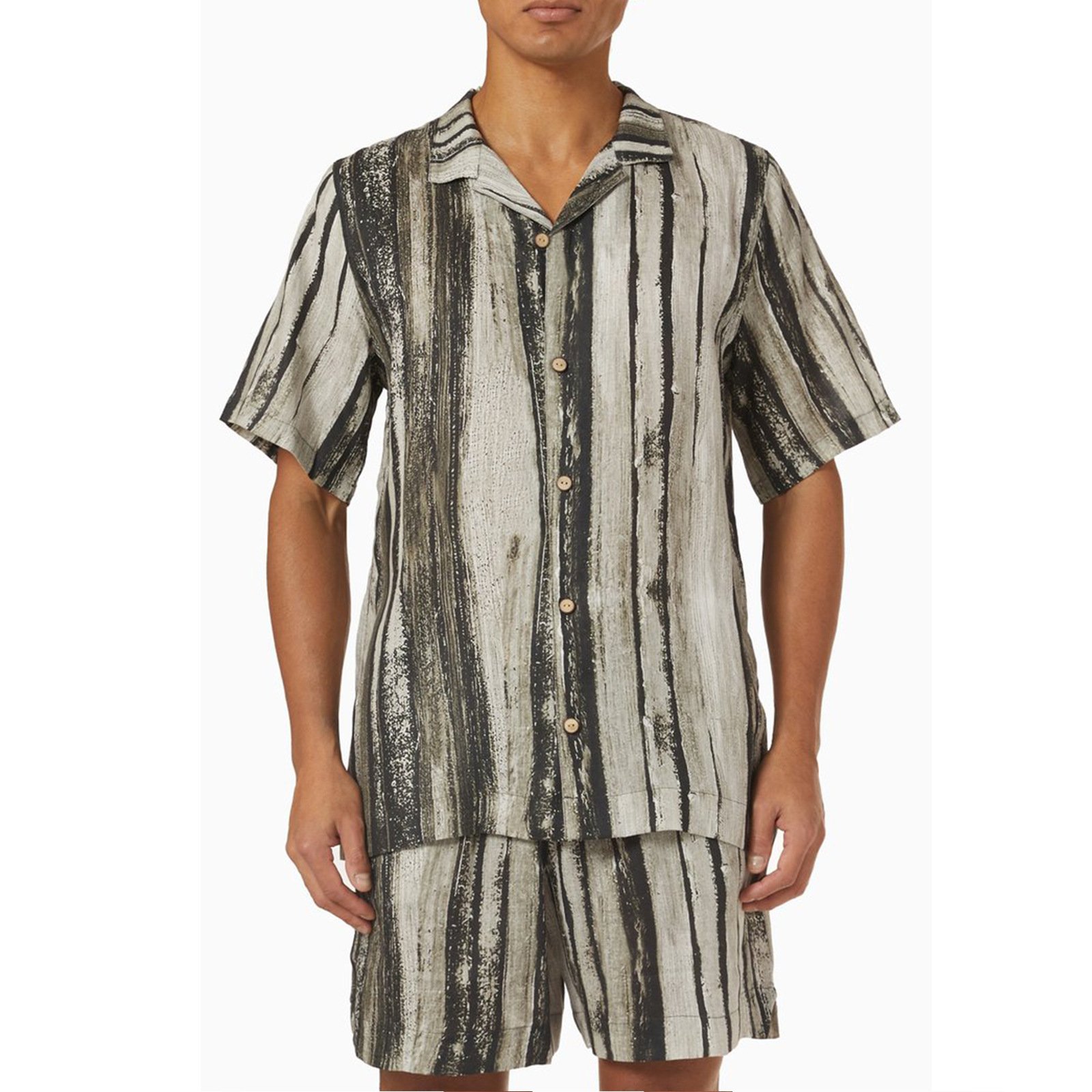 Cuban Collar Striped Short Sleeve Shirt Outfit - Image 3