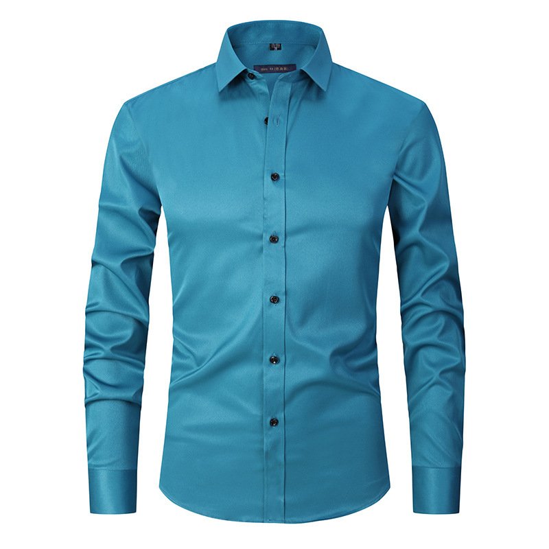 Men's Long-sleeved Fashion Shirt Top Slim Solid Color Stretch Shirt - Image 4