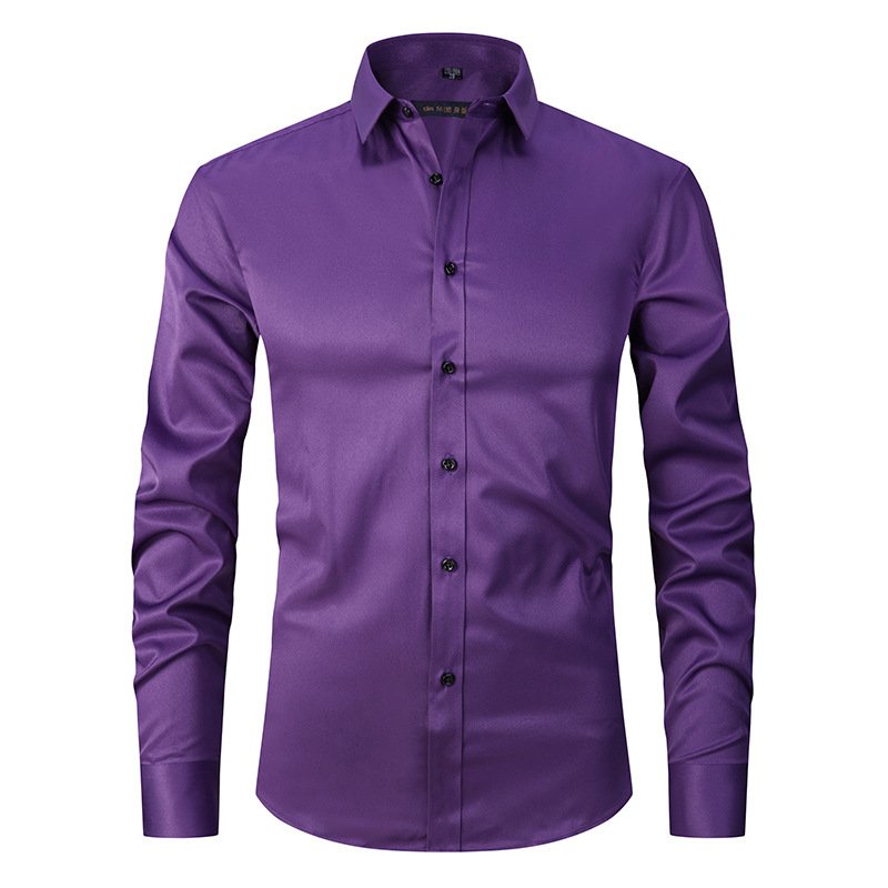 Men's Long-sleeved Fashion Shirt Top Slim Solid Color Stretch Shirt - Image 5