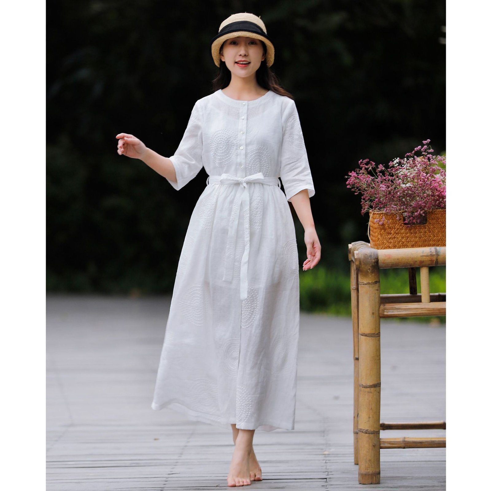 Spring And Summer Literary Leisure Round Neck Linen Embroidered Dress Women - Image 4