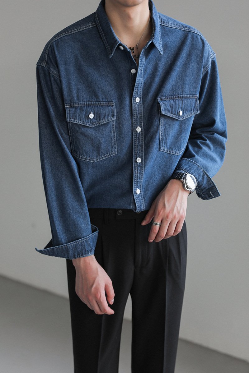 Minority Simple Long Sleeve Denim Shirt Men's Loose - Image 7