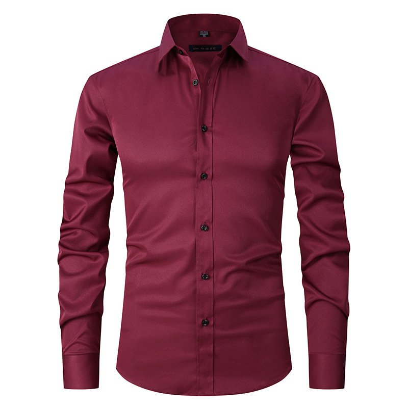 Men's Long-sleeved Fashion Shirt Top Slim Solid Color Stretch Shirt - Image 8