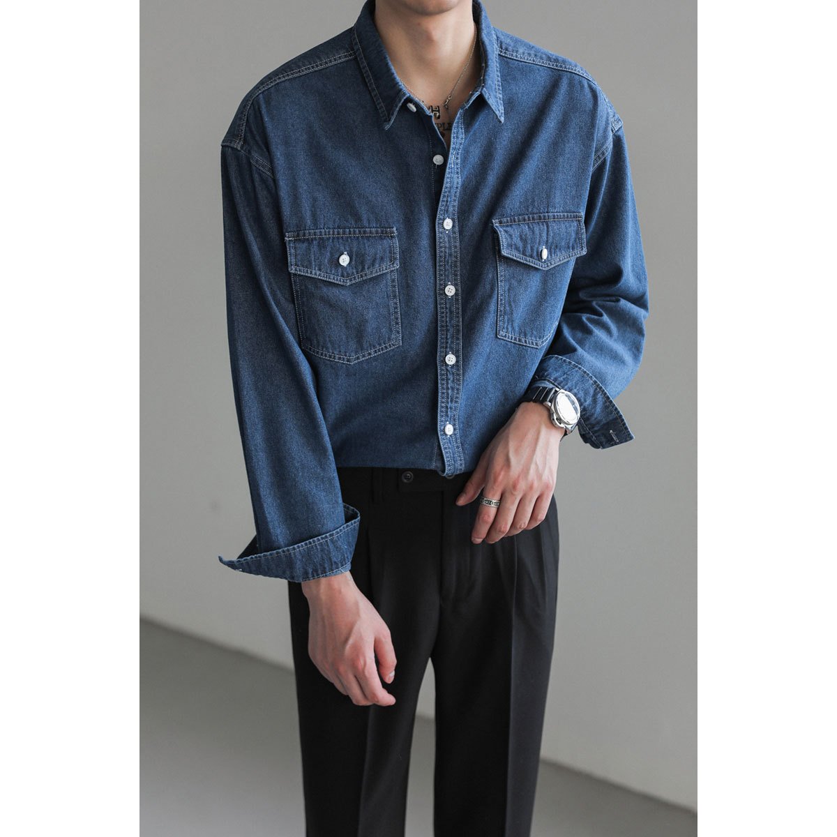 Minority Simple Long Sleeve Denim Shirt Men's Loose - Image 5