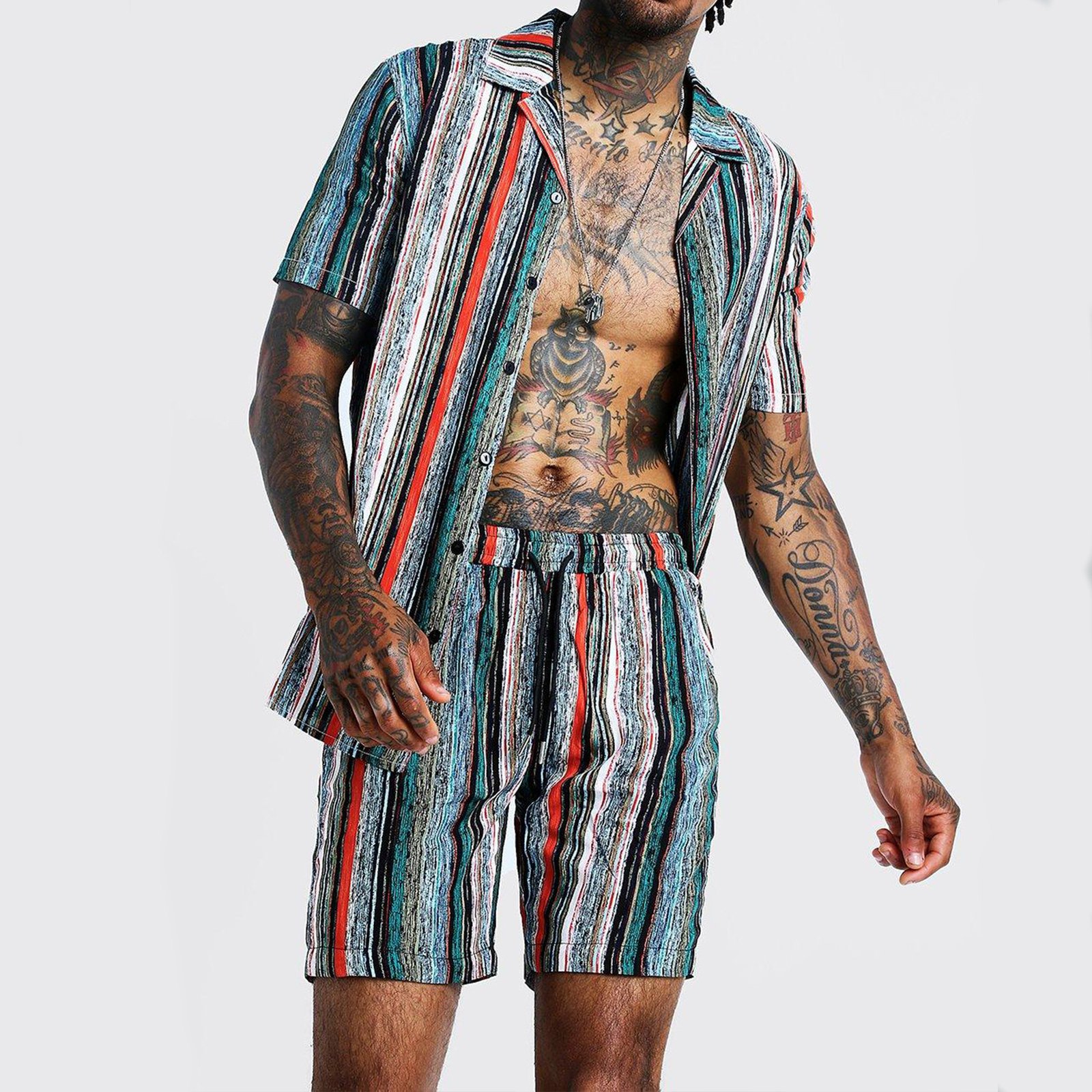 Cuban Collar Striped Short Sleeve Shirt Outfit - Image 2