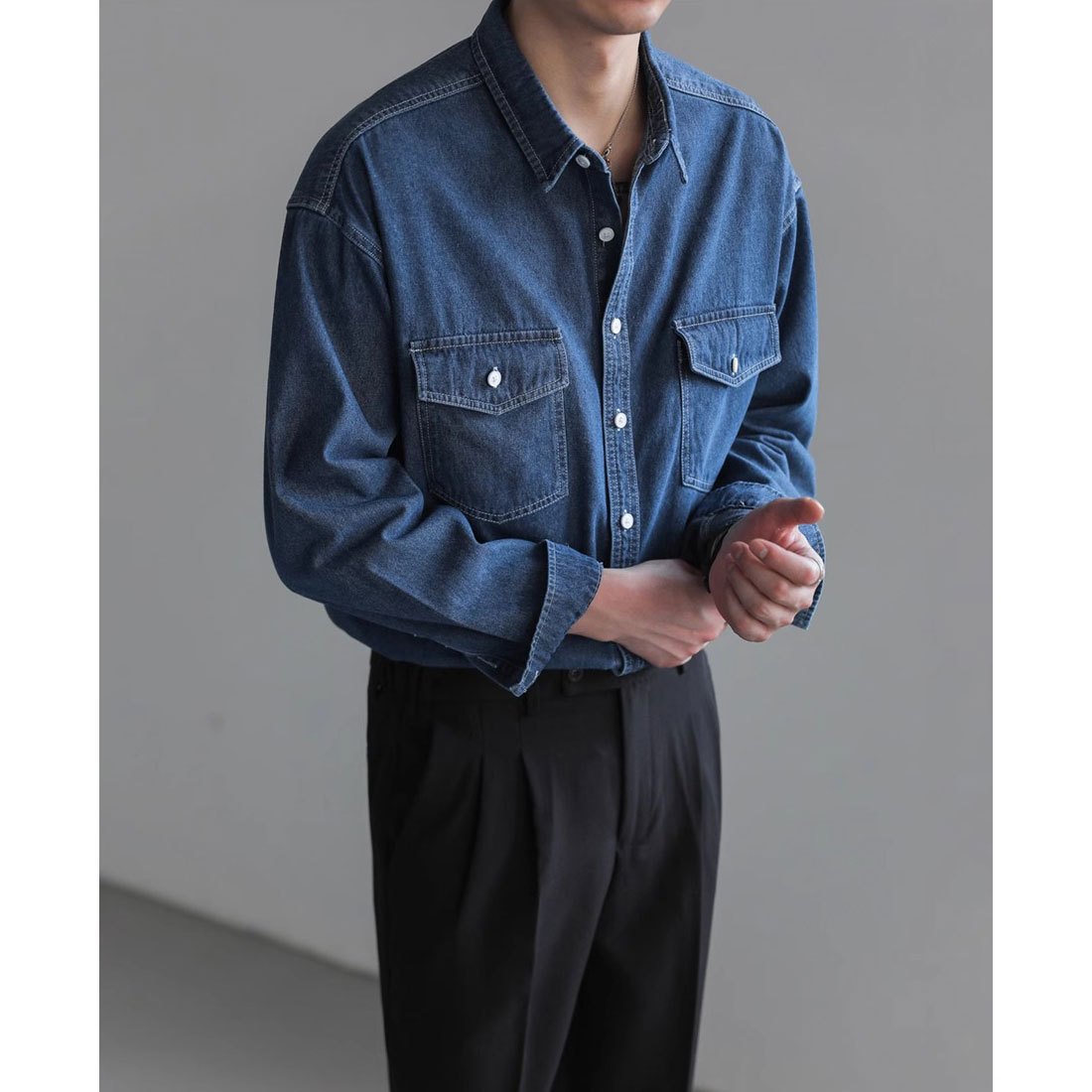 Minority Simple Long Sleeve Denim Shirt Men's Loose - Image 3