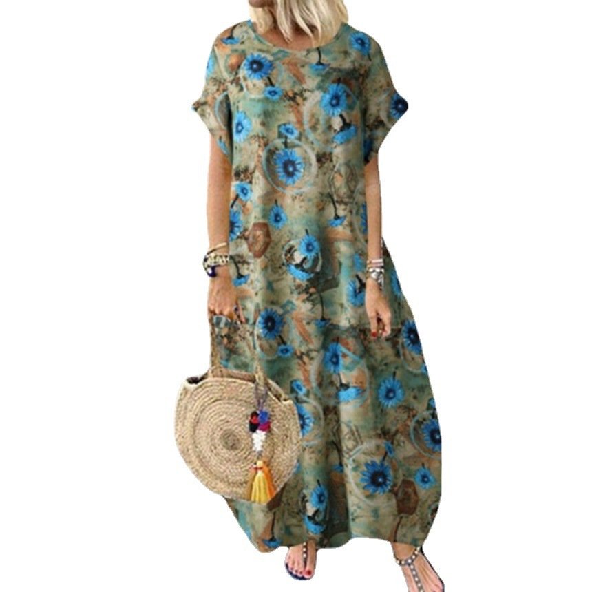 Summer Round Neck Cotton And Linen Short Sleeve Printed Long Dress Women - Image 2