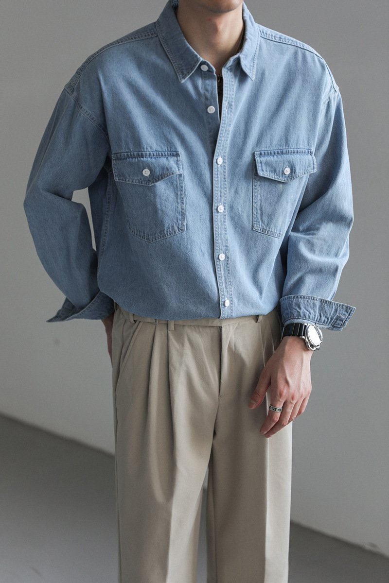 Minority Simple Long Sleeve Denim Shirt Men's Loose - Image 8