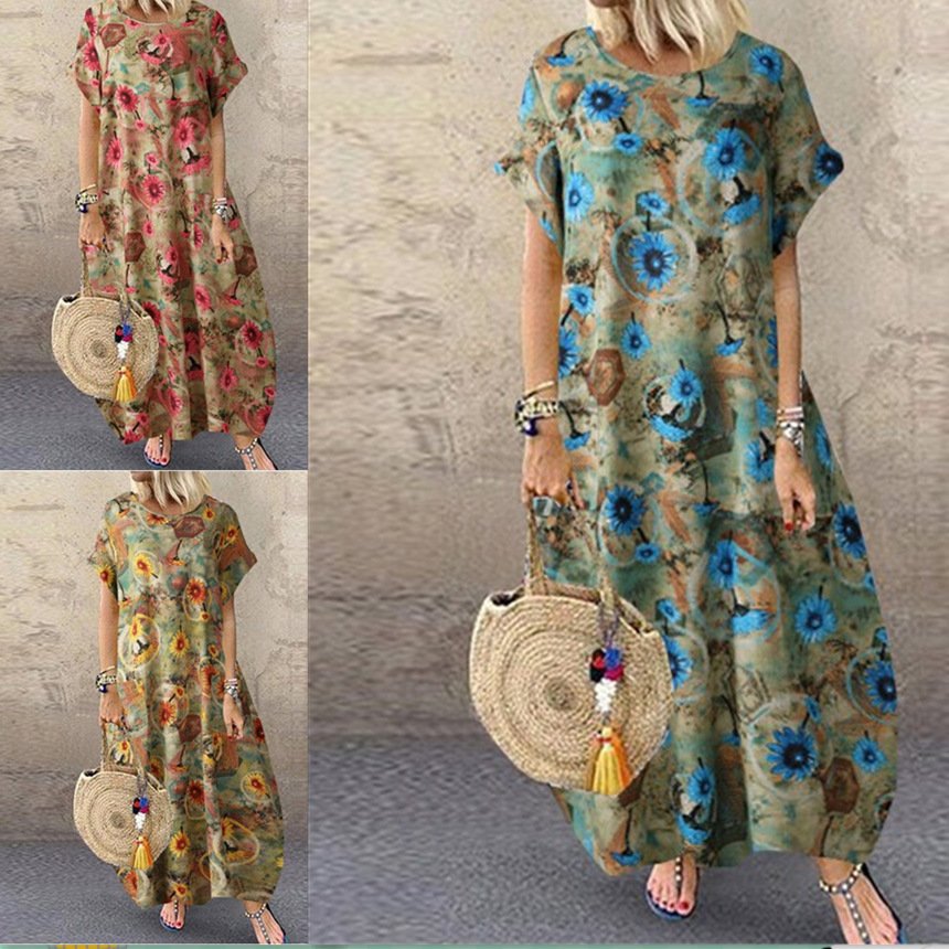 Summer Round Neck Cotton And Linen Short Sleeve Printed Long Dress Women - Image 8