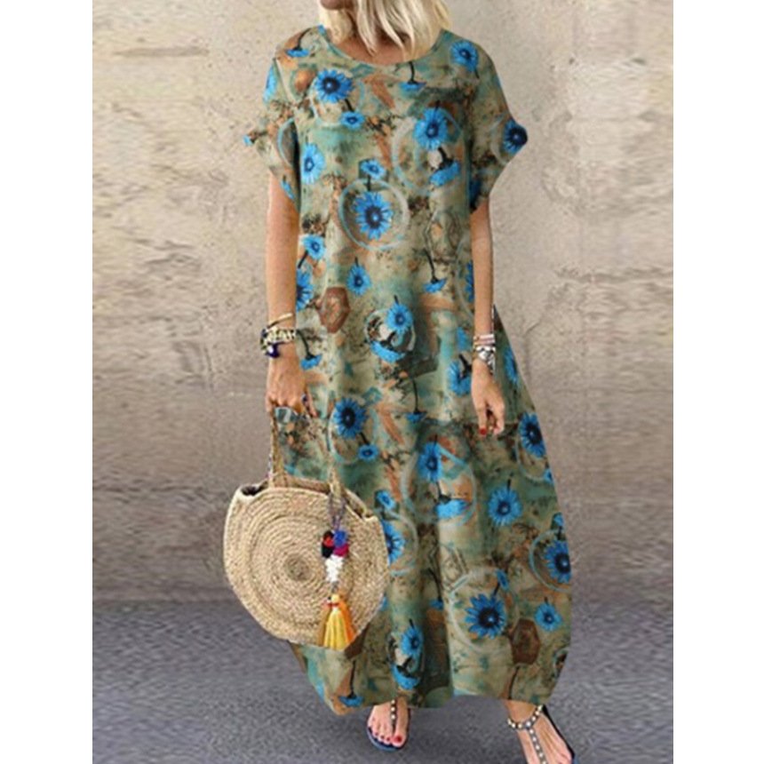 Summer Round Neck Cotton And Linen Short Sleeve Printed Long Dress Women - Image 3