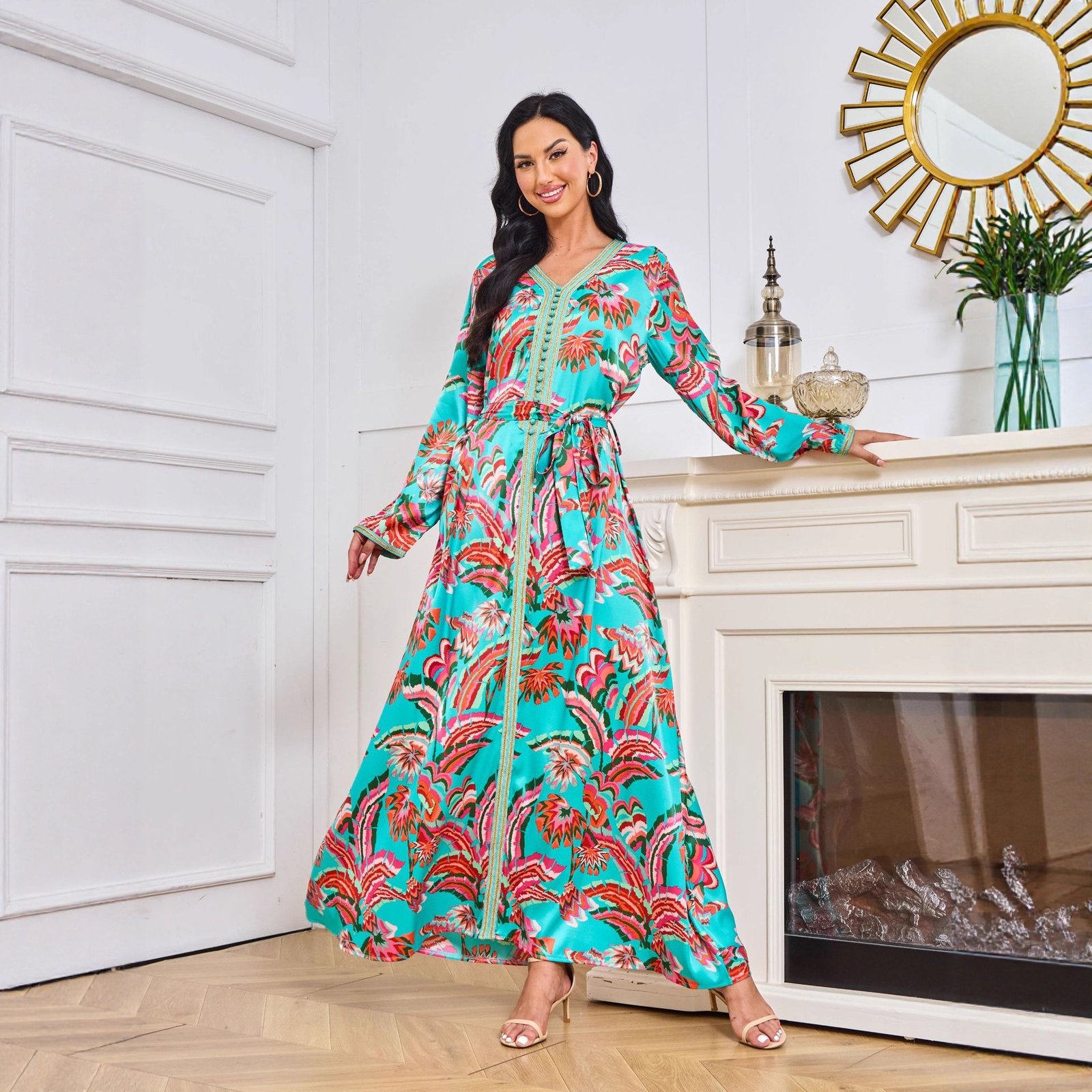 Dubai Abaya Gown Dress With Printed Hot-stone And Embroidered Detailing - Image 3